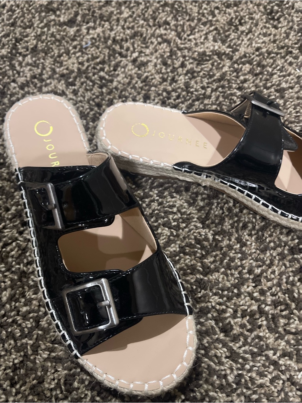 Journee Collection Black Patent Double-Buckle Espadrille Slides